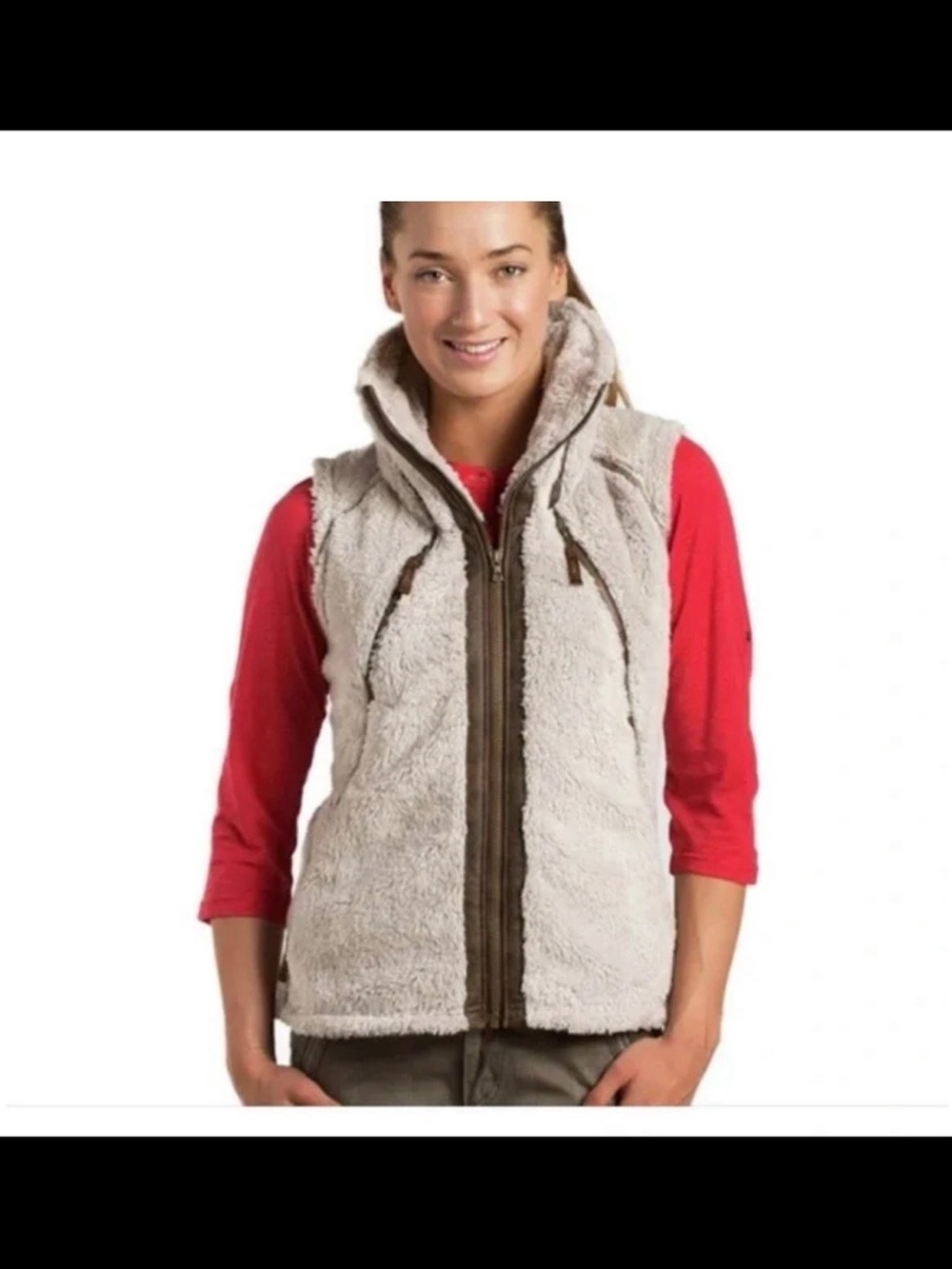 Kuhl flight fleece Cream Sherpa Vest with Brown Trim sz large